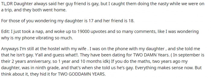 Turns out her friend wasn't actually gay (surprise), and they had actually been dating for two years now. What a sneak!