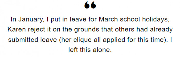 The Redditor submitted a leave request, but it was rejected by Karen, who wanted to create space for her friends to go instead.