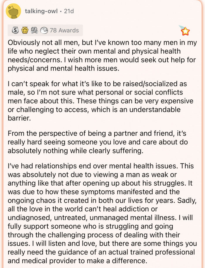 Here’s the first part of this comment about men neglecting their mental health.