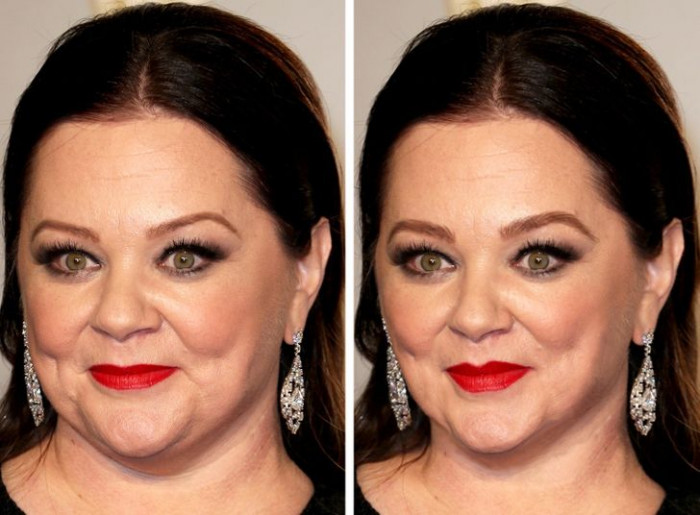 16. Melissa McCarthy face has been toned down along with the brows, nose and lips