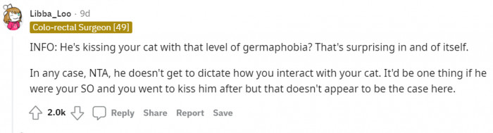 This user smells something fishy because the germaphobe friend still manages to kiss the cat.