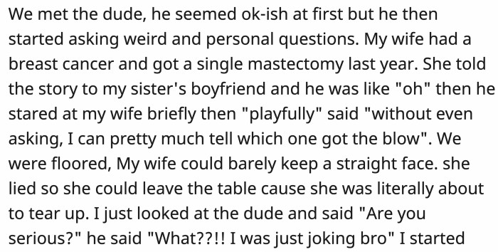 His joke was supposed to lighten the mood, but it touched on a very sensitive topic since the story was shared with him during a serious conversation