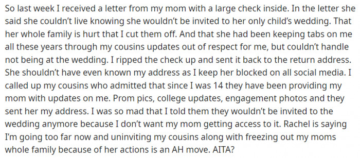 The Redditor found out that his cousins had been providing his mom with updates since he was 14 years old.