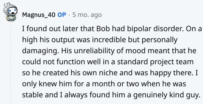 OP kindly gave an update about Bob and a little information about who he is