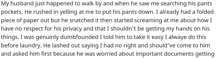 That made her husband furious. She found a piece of paper in the pocket, but he snatched it away.