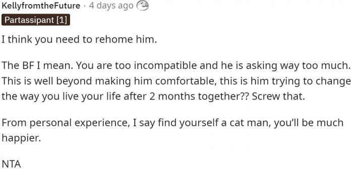 Rehome the boyfriend, not the cat.