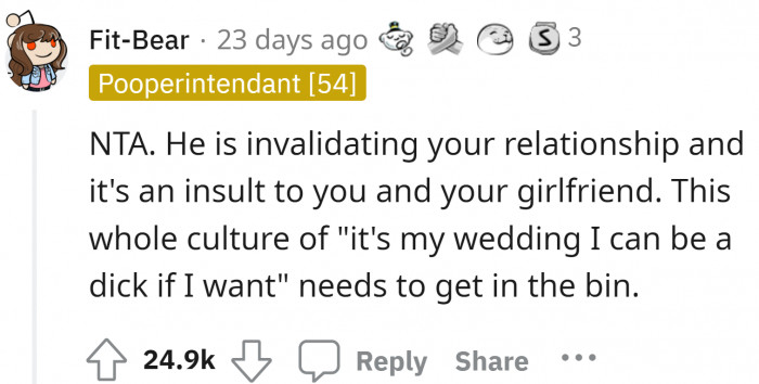 As your brother, he definitely knows about your relationship, and despite that, he imposes such a rule for his wedding.