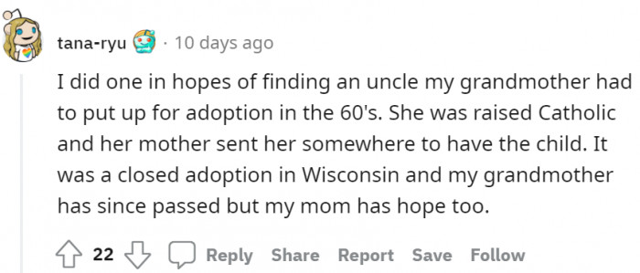 This person hopes to find her uncle, whom her grandma put up for adoption in the 1960s.
