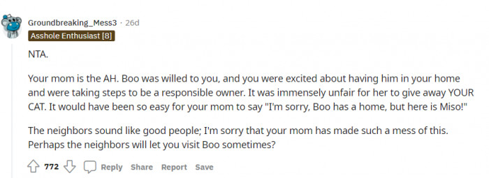 It was quite unfair for her mom to give away her cat, though. You can't deny that.