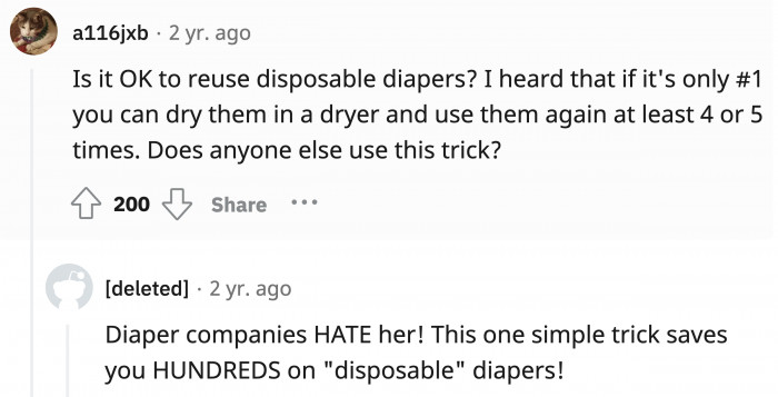 Reusing disposable diapers, and the next post is a photo of their baby's rash.