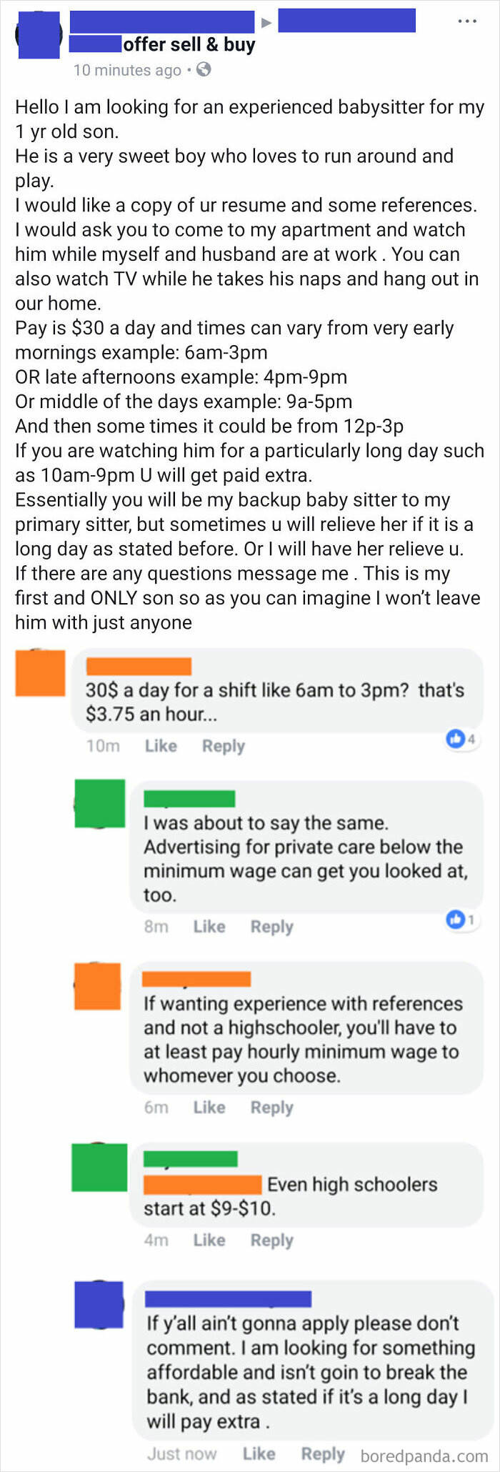 10. Experienced babysitter needed at $3/hr.