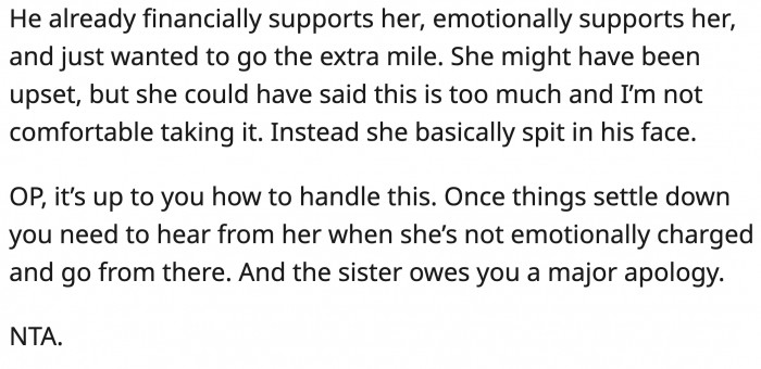 Plus, the sister owes him an apology for putting all the blame on him.