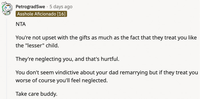 It’s not that OP is ungrateful but it was hard to excuse the multiple times that they were treated as the “lesser” child