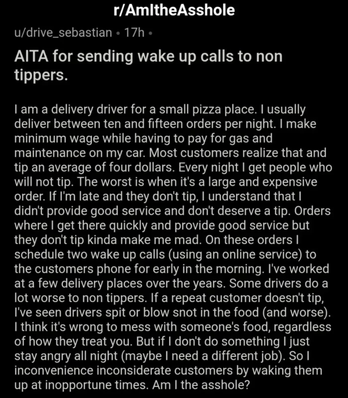 The original poster (OP) says that he is getting even with non-tippers by calling them anonymously in the middle of the night.