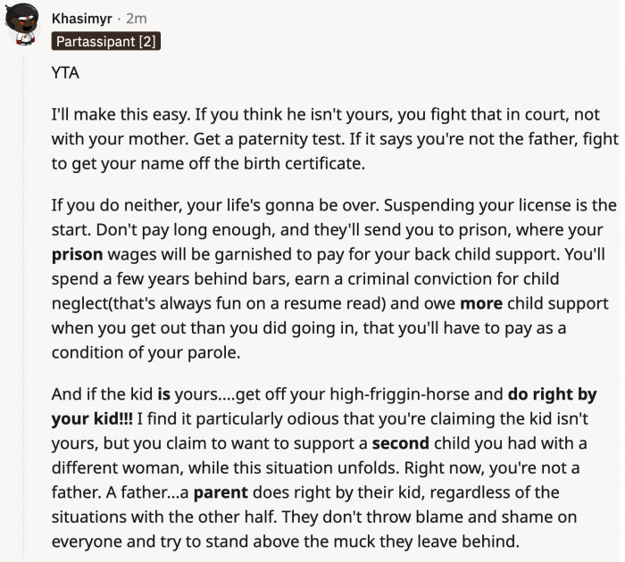 This person tells OP to go to court if he's so sure he's not the father