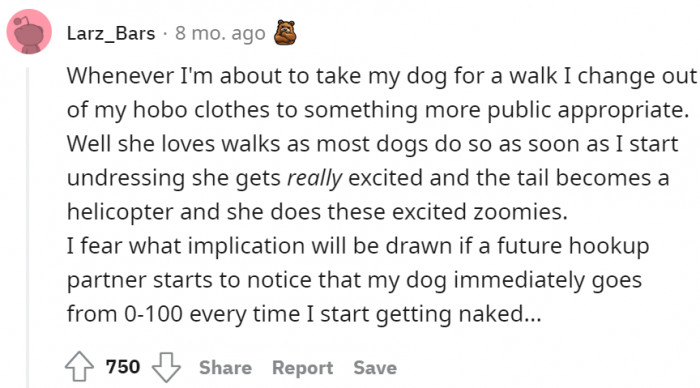 The owner changes her clothes and takes the dog for a walk. Now, her dog thinks they are going for a walk outside each time she starts getting undressed.