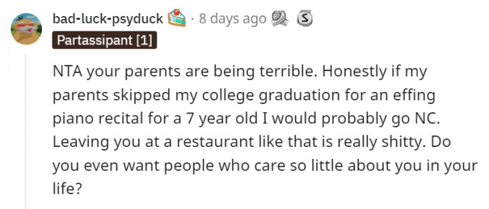 Them missing that big event in OP's life says a lot about how they really think about their own child