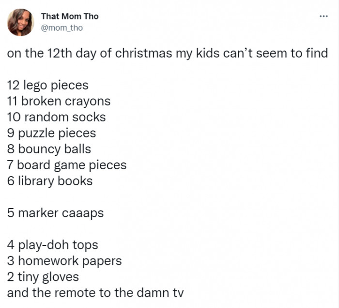45. Parents' version of 12 days of Christmas