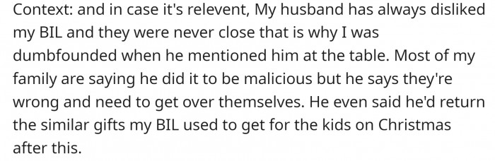 OP’s family doesn’t believe her husband meant well. He never liked OP’s brother-in-law.