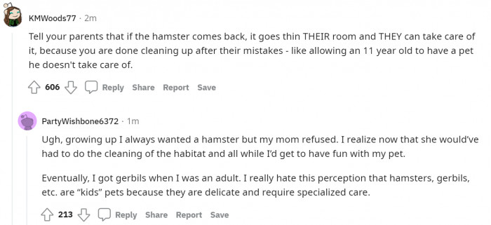 Demanding that the parents would take care of the hamster when it's back is fair.