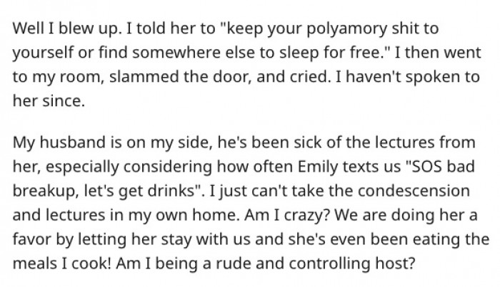 Sorry, what? A person who has five partners at once has the right to put a happily married couple down for their monogamy? Nope, didn't think so.