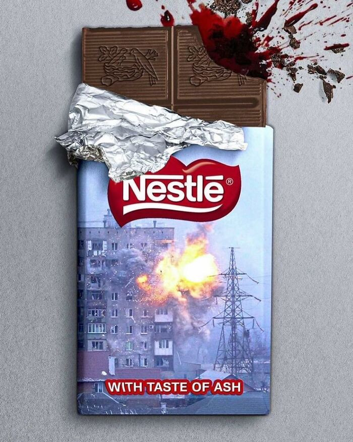 The chocolate bar wrapper showed the devastation caused by the war in Ukraine with blood pouring out of the chocolate