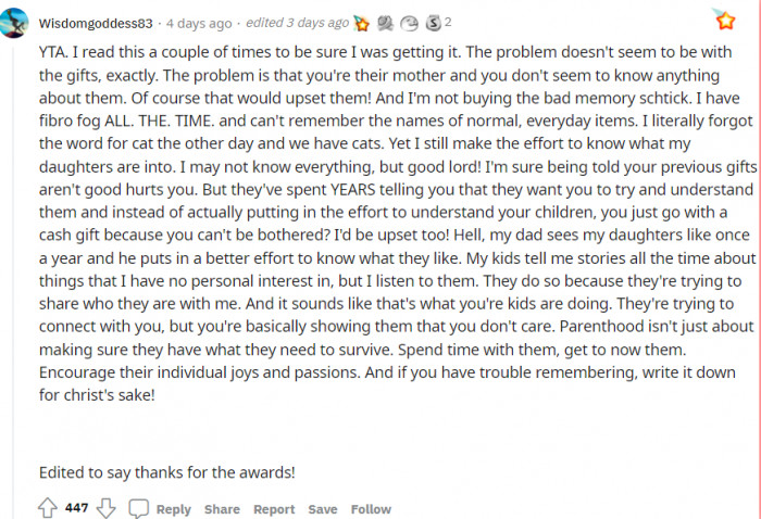 This person thinks she’s TA. As the mother, she should be the first to know about her children's likes and dislikes.