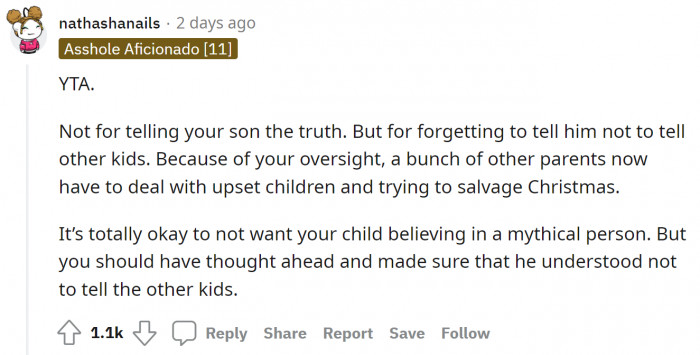 Majority seems to think that OP is an asshole for not reminding his son not to tell the other kids. Now, a lot of frustrated parents are going to spend Christmas with disappointed kids.
