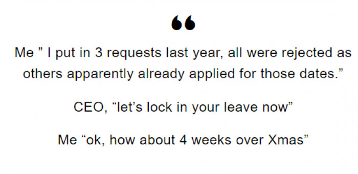After explaining to the CEO that all leave requests had been rejected, he decided to lock in a date for the Redditor.