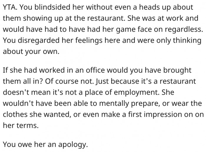 OP blindsided her without giving her a heads-up about bringing his entire family over.