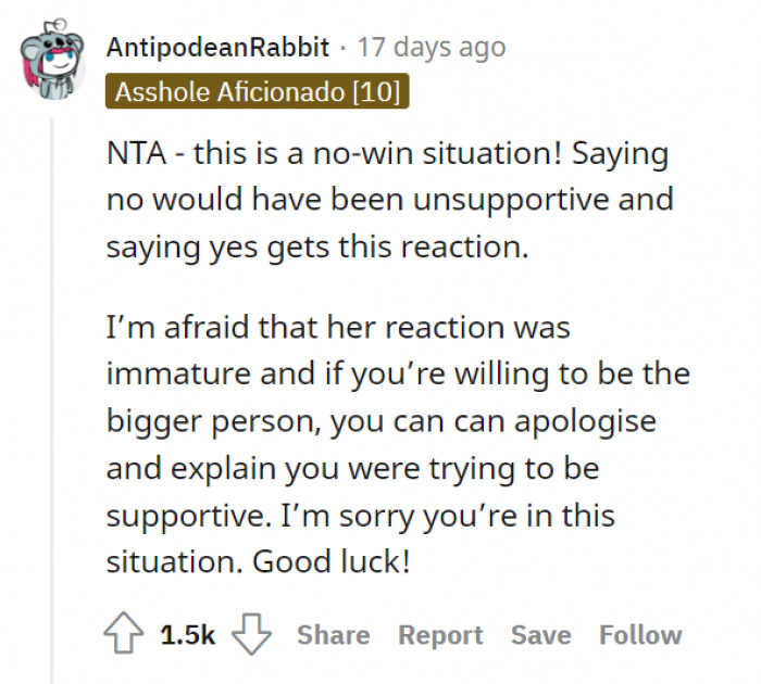 She's lucky to have such a supportive and understanding husband!