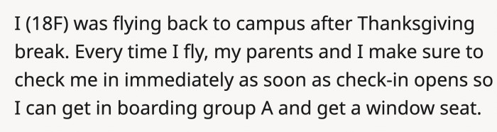 It was already a routine for OP and her family to check her in for a flight early