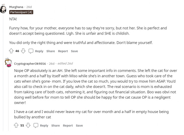 This commenter says that her mother is childish and unfair, but the reply gives this commenter another perspective.