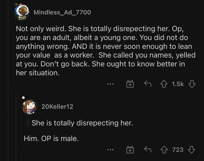 OP did not do anything wrong; she was fired unfairly.