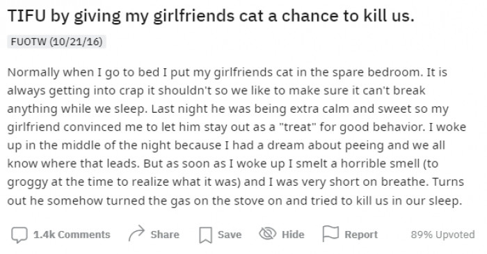 1. This Redditor shared a bizarre story of how he and his girlfriend were almost killed by her pet cat