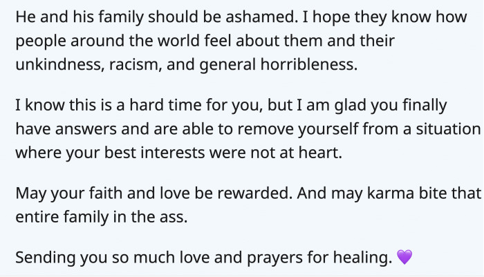 She has no reason to feel bad; if anyone needs to be shamed and heartbroken over this, it's her husband and his family.