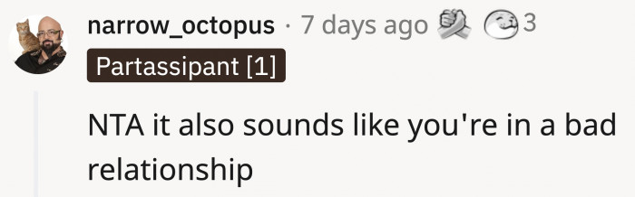 Based on the story alone, the SO is not someone you bring home to your parents.