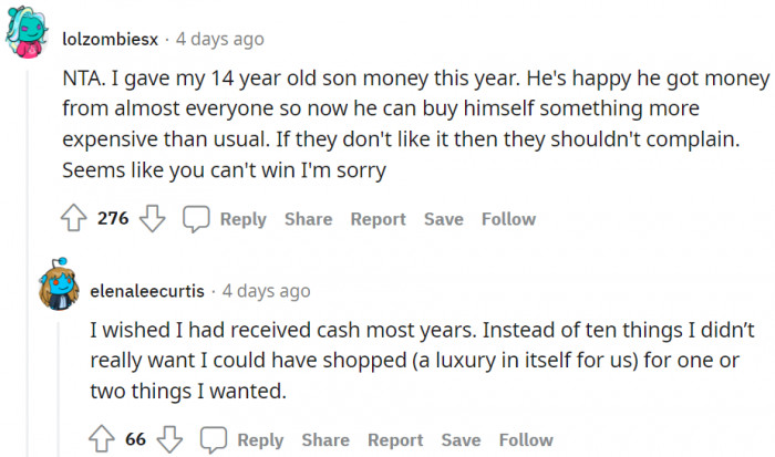 Here’s a mother who gave her son money for Christmas and was happy with it.