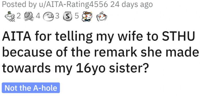 OP was absolutely right to tell his wife to STHU for the remarks she made towards OP's 16-year-old sister.