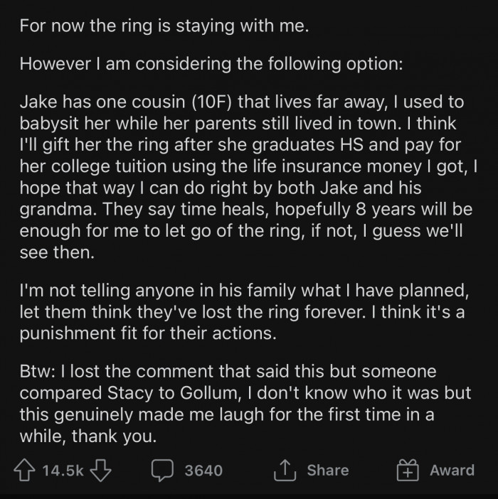 OP prepared a plan that she decided not to reveal to her late fiancé's family.