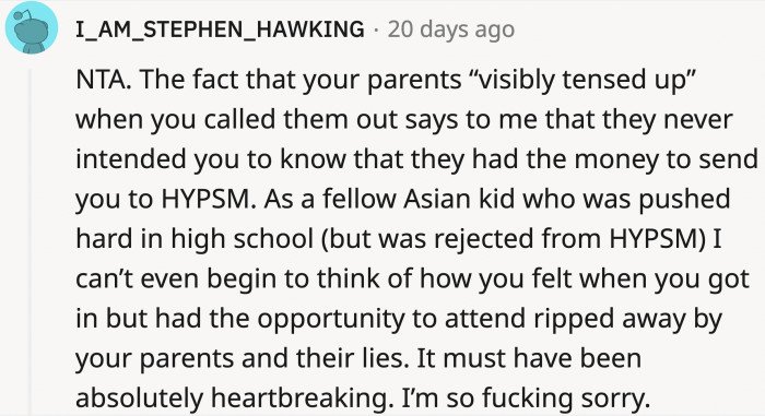 OP is from an Asian household, and as stereotypical as it sounds, OP's experience is not uncommon.
