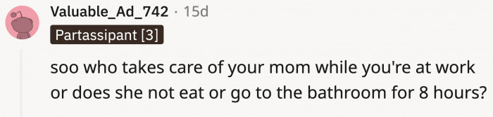 Another commenter was concerned about the mom's needs while OP is working.