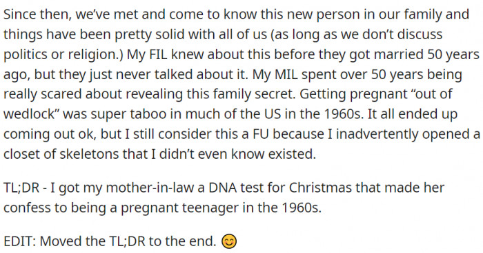 The DNA test kits they gifted for Christmas made the mother-in-law confess to being pregnant as a teenager in the 1960s.