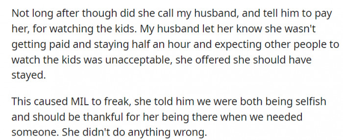 Her husband confronted his mom on the phone, where he made it clear that her actions were 