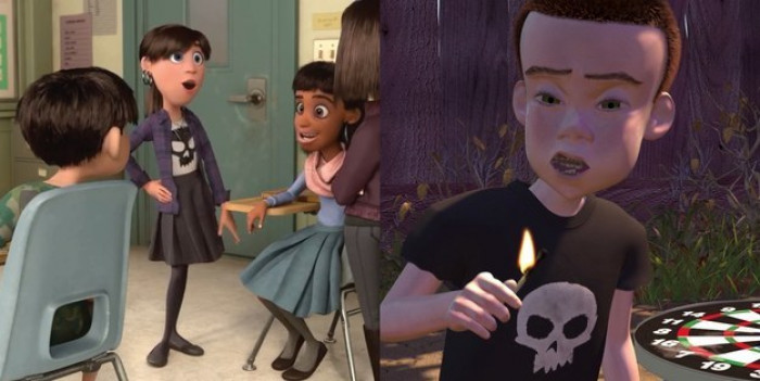 5. One of the school girls in this scene wears a shirt similar to Sid's in Toy Story.