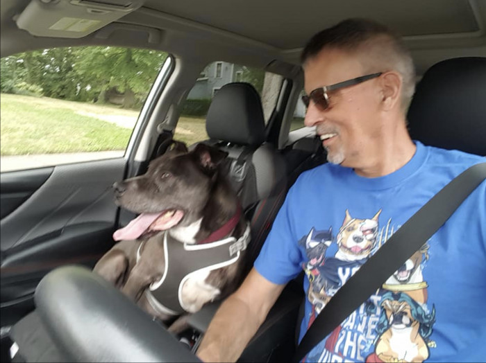Doug took Caesar on his first car ride. The good boy is enjoying it!