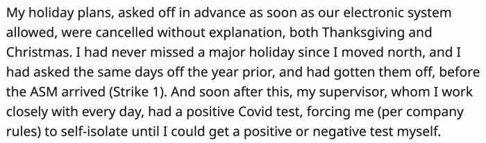 OP's problems began to pile up ever since they canceled her leave