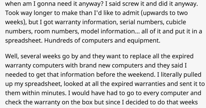 Several weeks after they completed the spreadsheet, the inspection came