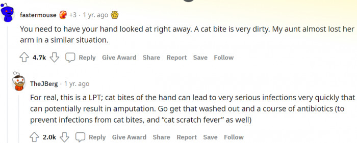 Here's the top comment. Worried about the man's condition, one suggests having his hand checked right away.