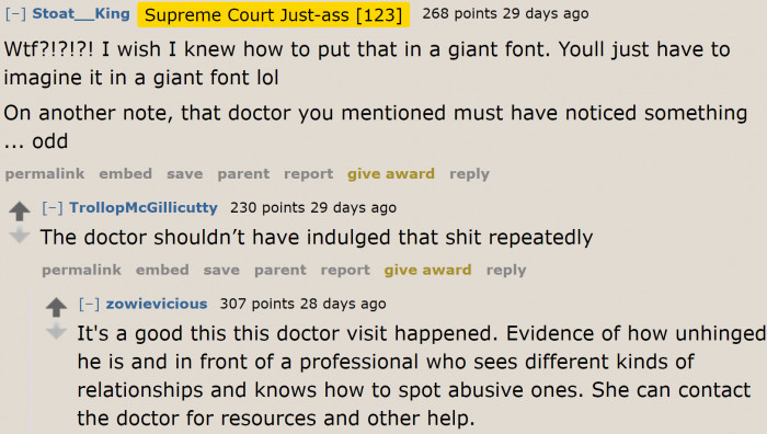 She can use what happened at the doctor's visit as evidence of the abusive behavior.